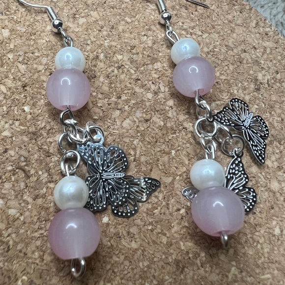 Pink Beaded Butterfly Earrings - Picture 2 of 3